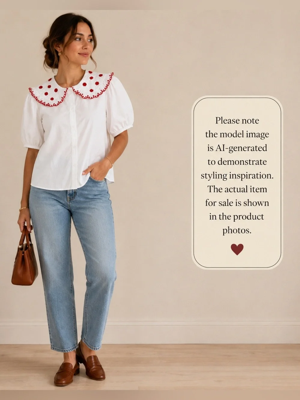 Zara White Red Embroidered Ruffle Peter Pan Collar Puff Sleeve Cotton Blouse S